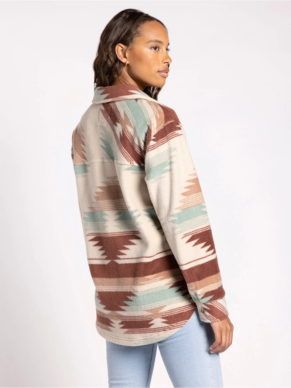 Thread & Supply Tullis Aztec Southwest Plush Fleece Shacket Jacket Brown Green M